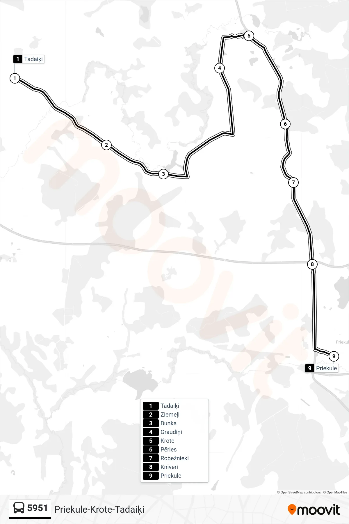 5951 bus Line (Priekule) route and stops on a map