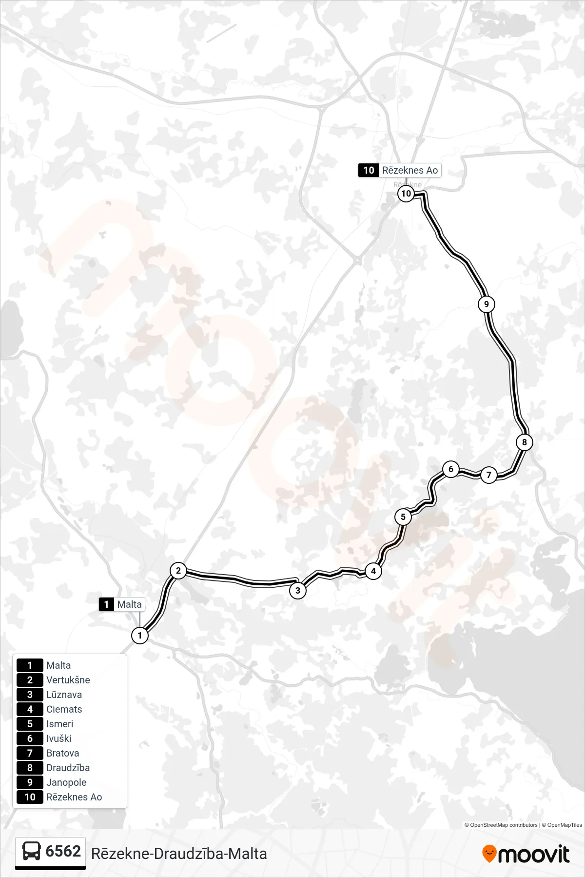 6562 bus Line (Rēzeknes Ao) route and stops on a map