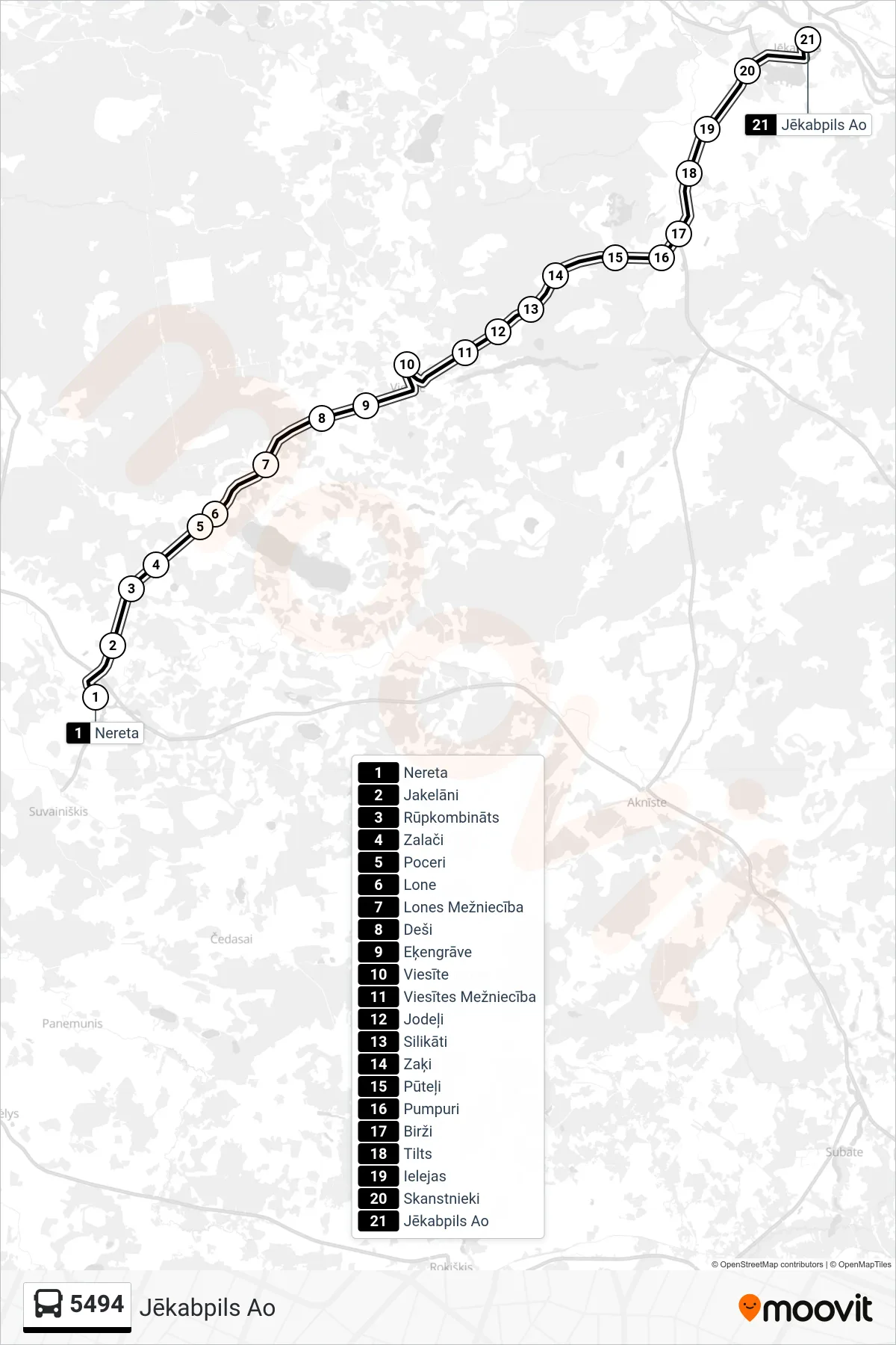 5494 bus Line (Jēkabpils Ao) route and stops on a map