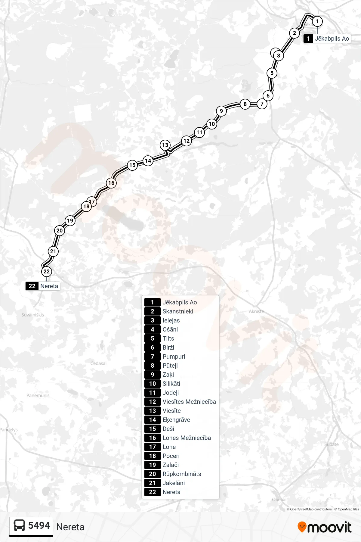 5494 bus Line (Nereta) route and stops on a map