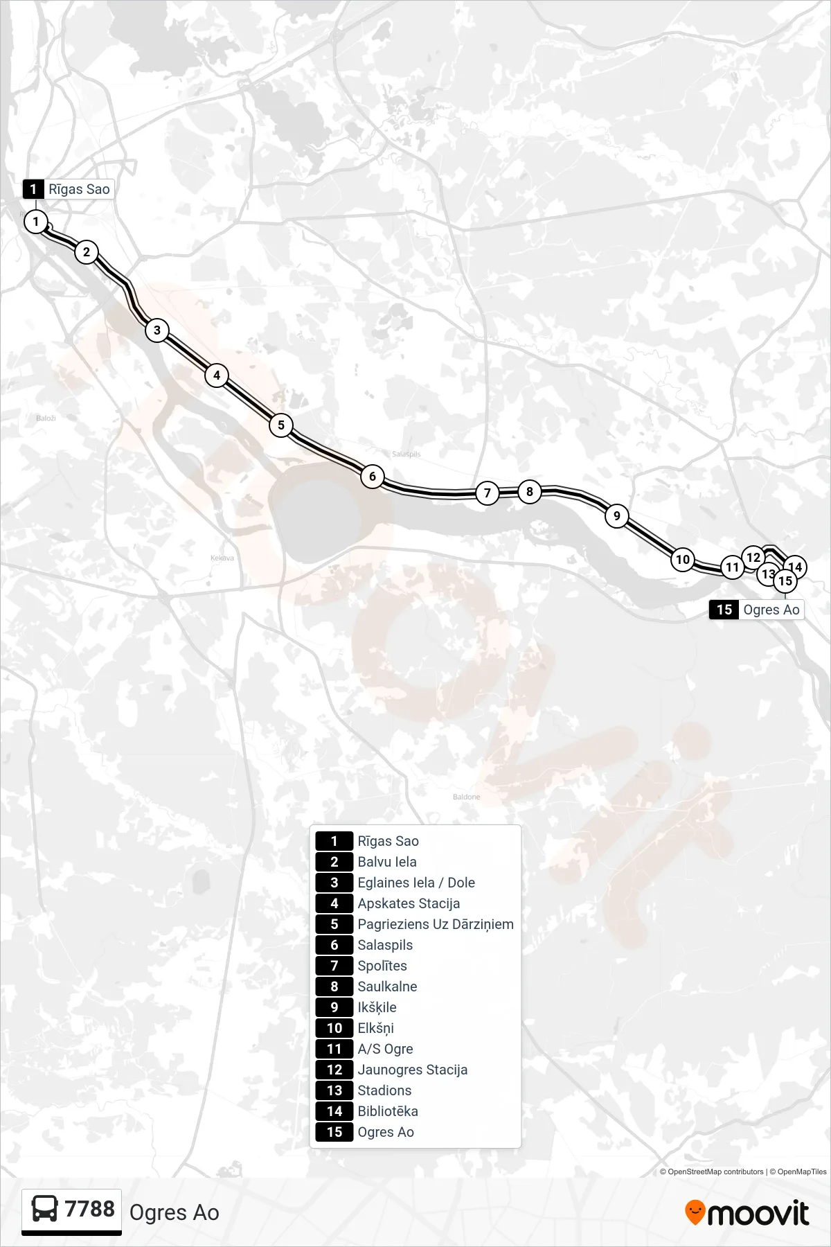 7788 bus Line (Ogres Ao) route and stops on a map