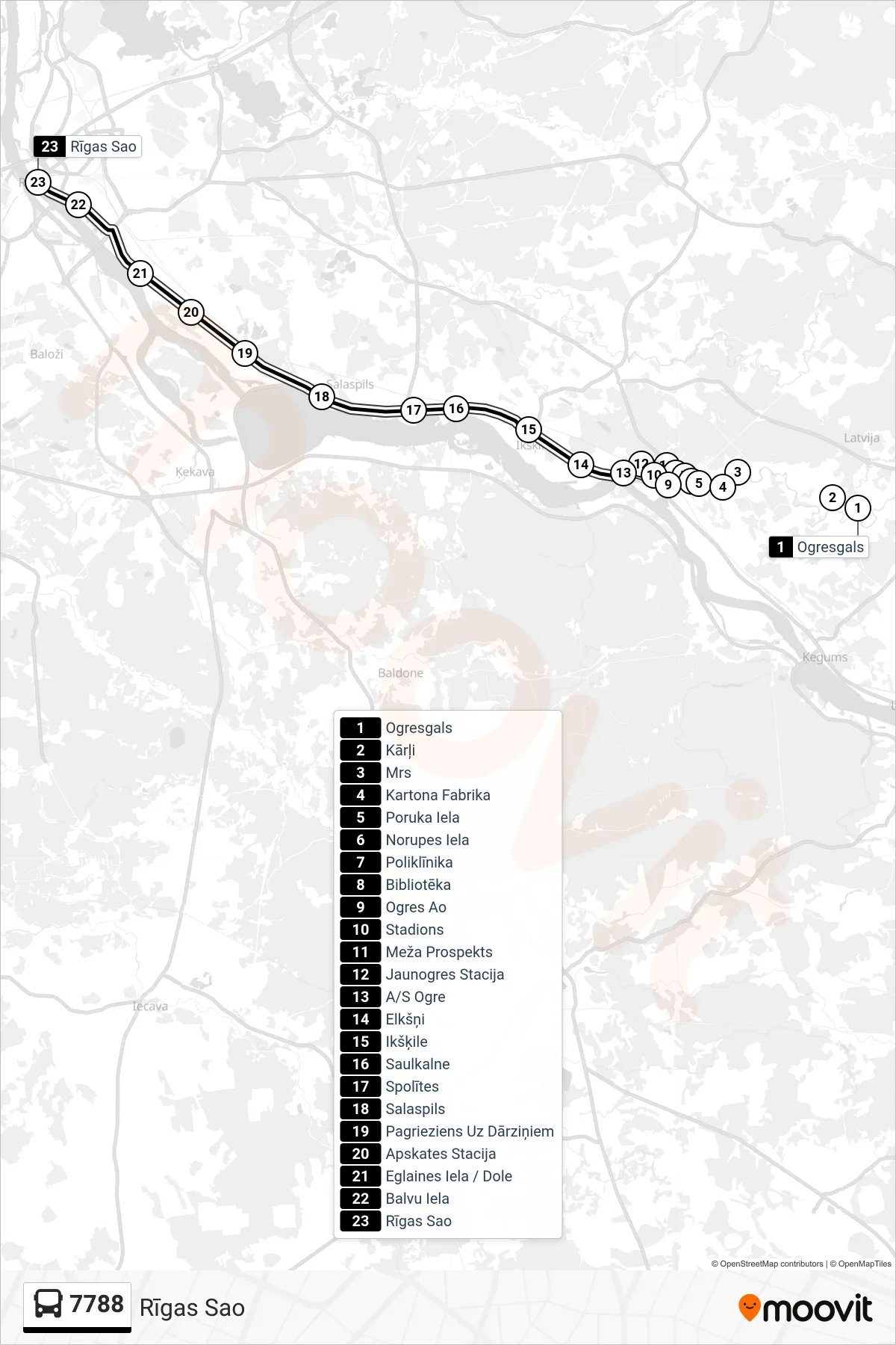 7788 bus Line (Rīgas Sao) route and stops on a map