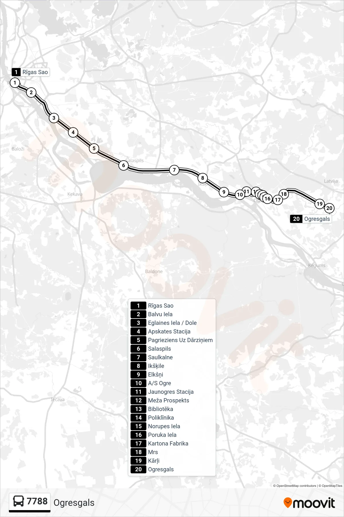 7788 bus Line (Ogresgals) route and stops on a map