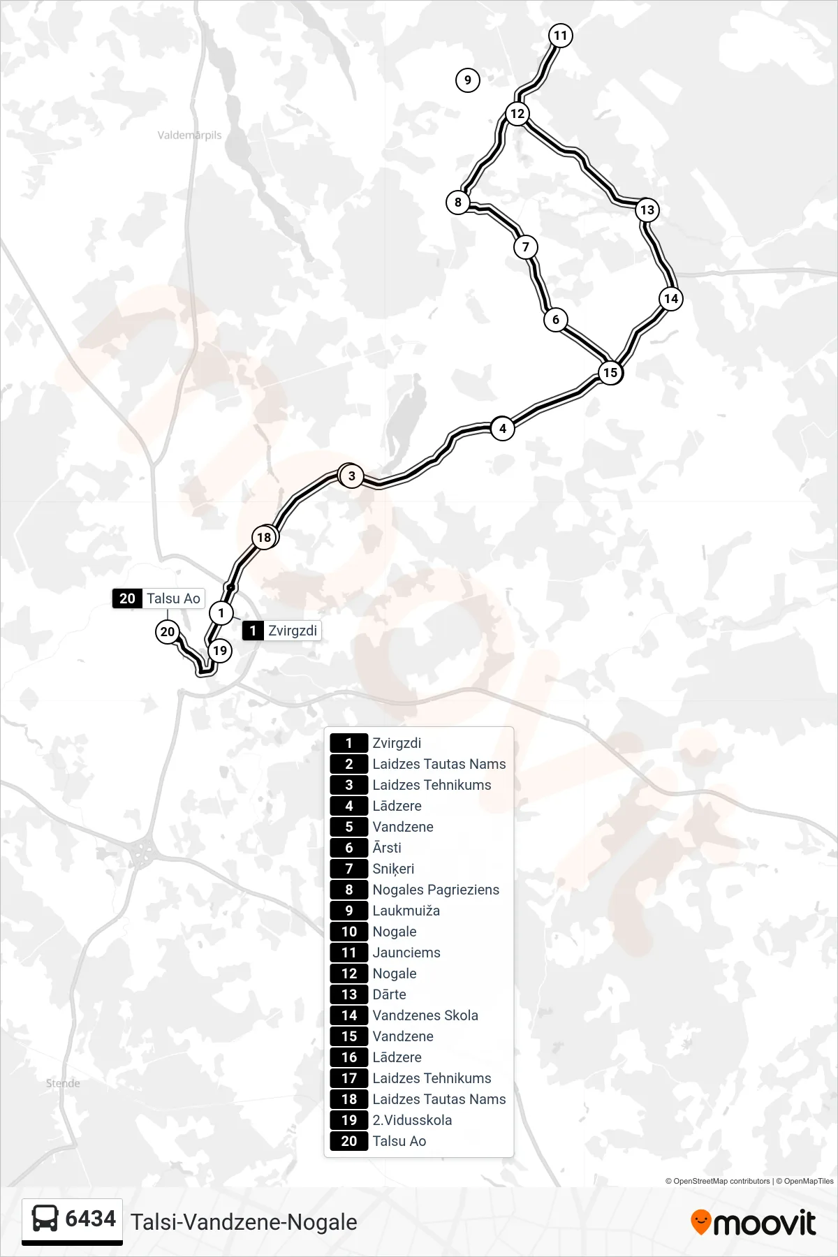 6434 bus Line (Talsu Ao) route and stops on a map