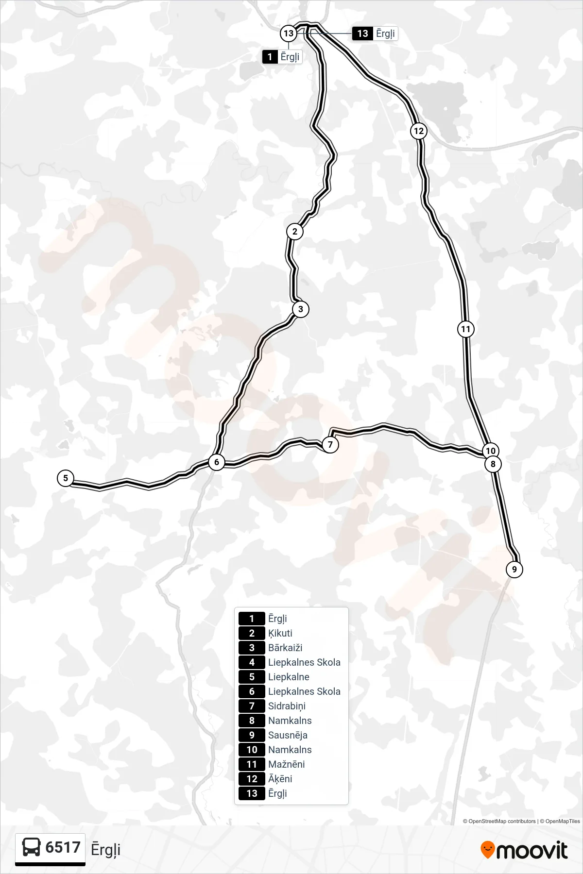 6517 bus Line (Ērgļi) route and stops on a map