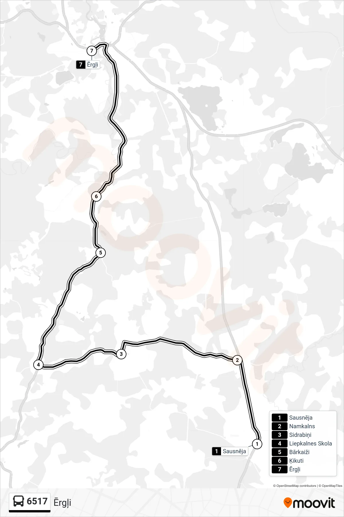 6517 bus Line (Ērgļi) route and stops on a map