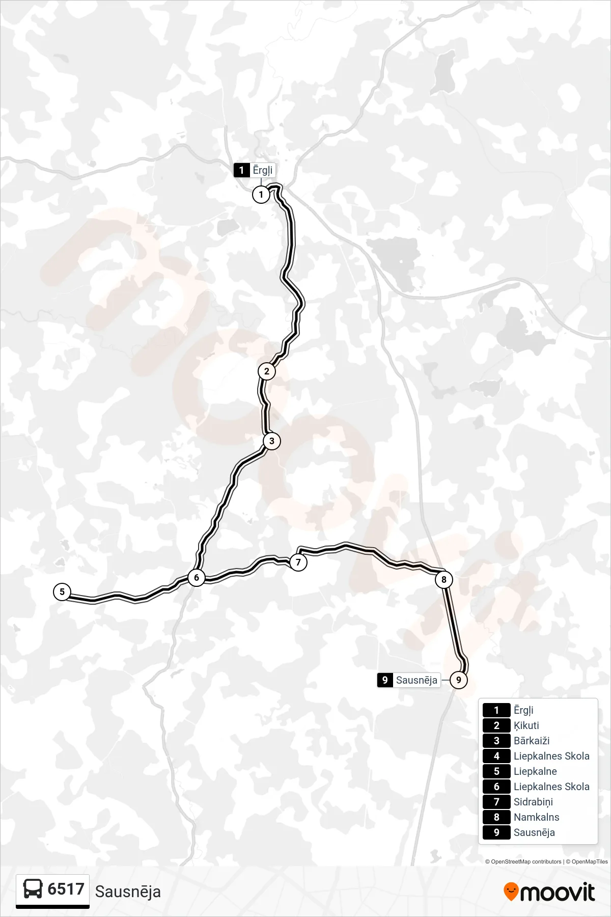 6517 bus Line (Sausnēja) route and stops on a map