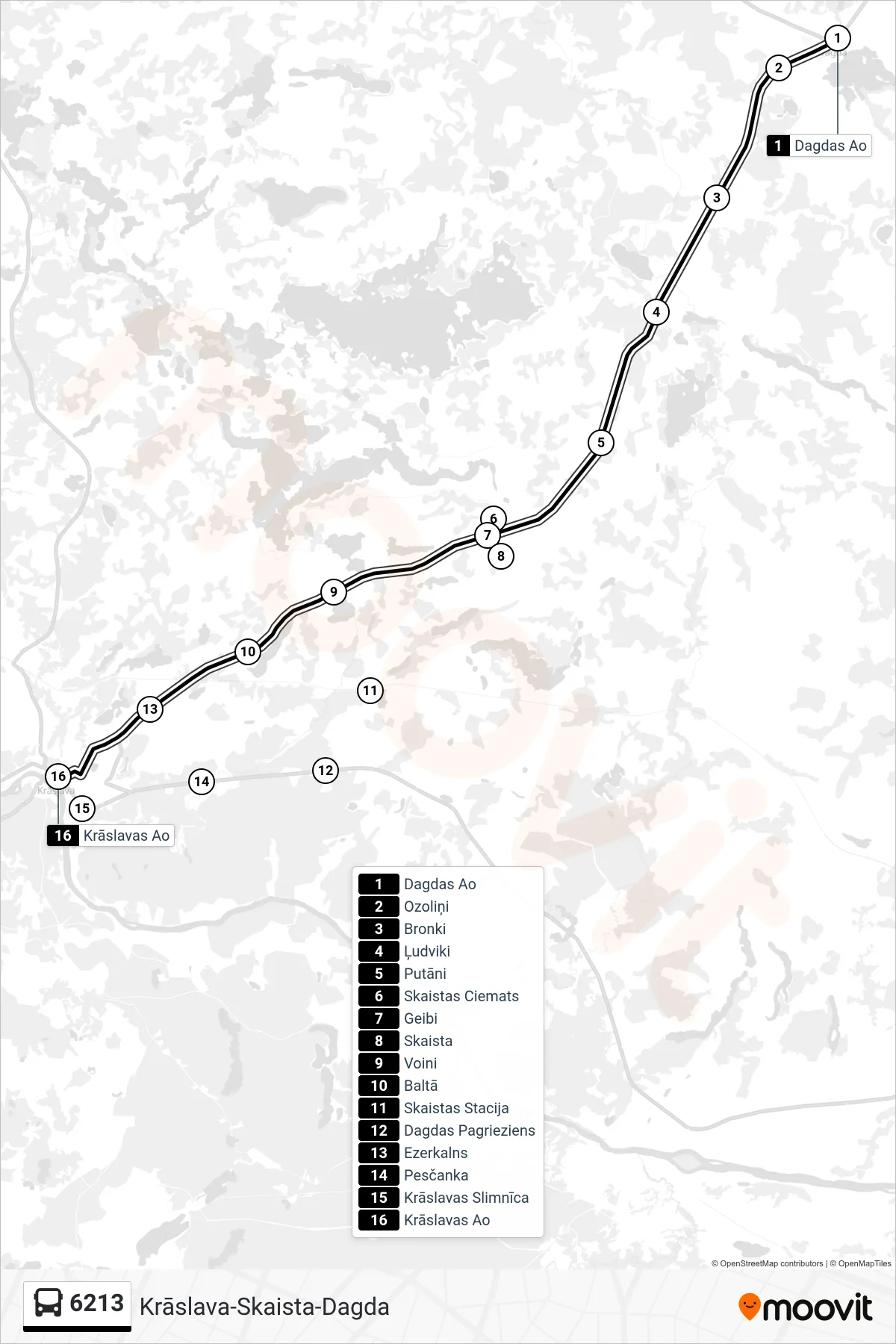 6213 bus Line (Krāslavas Ao) route and stops on a map