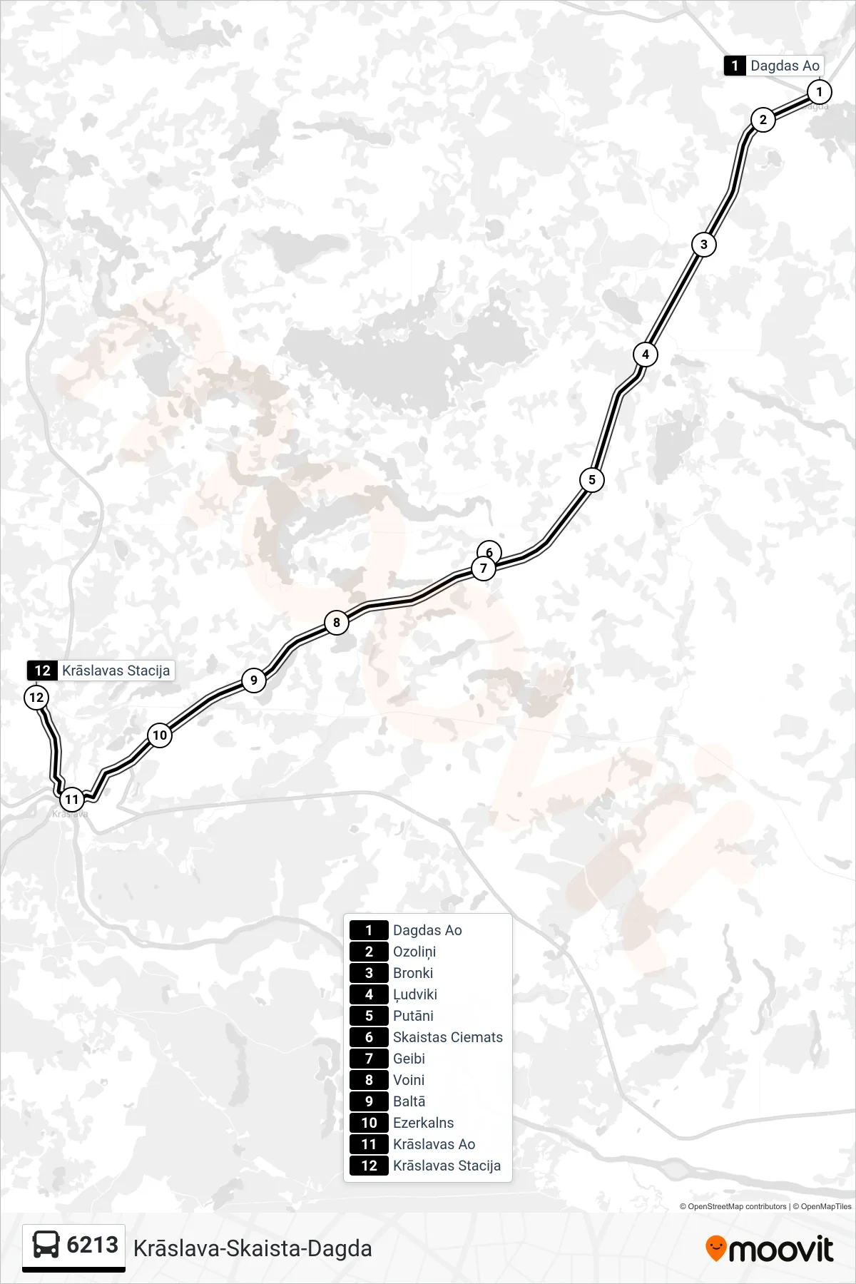 6213 bus Line (Krāslavas  Stacija) route and stops on a map