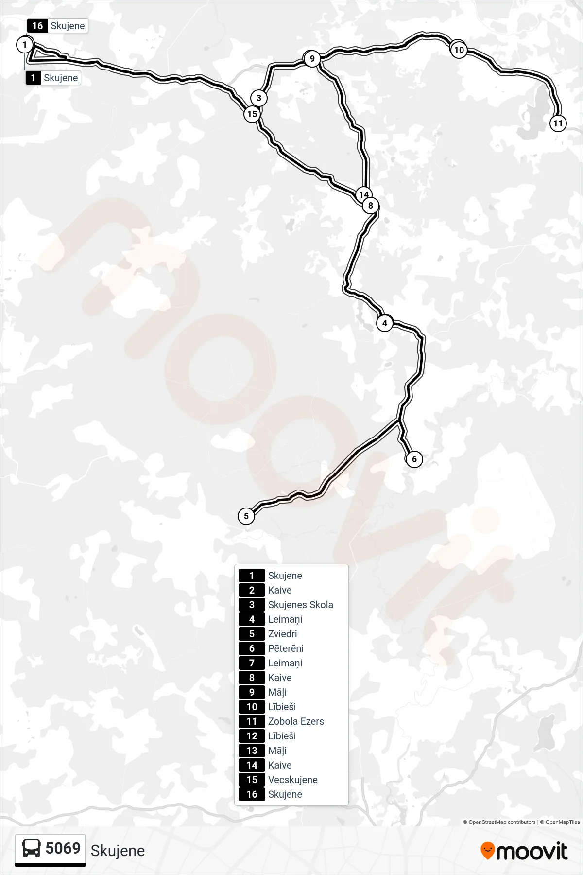 5069 bus Line (Skujene) route and stops on a map