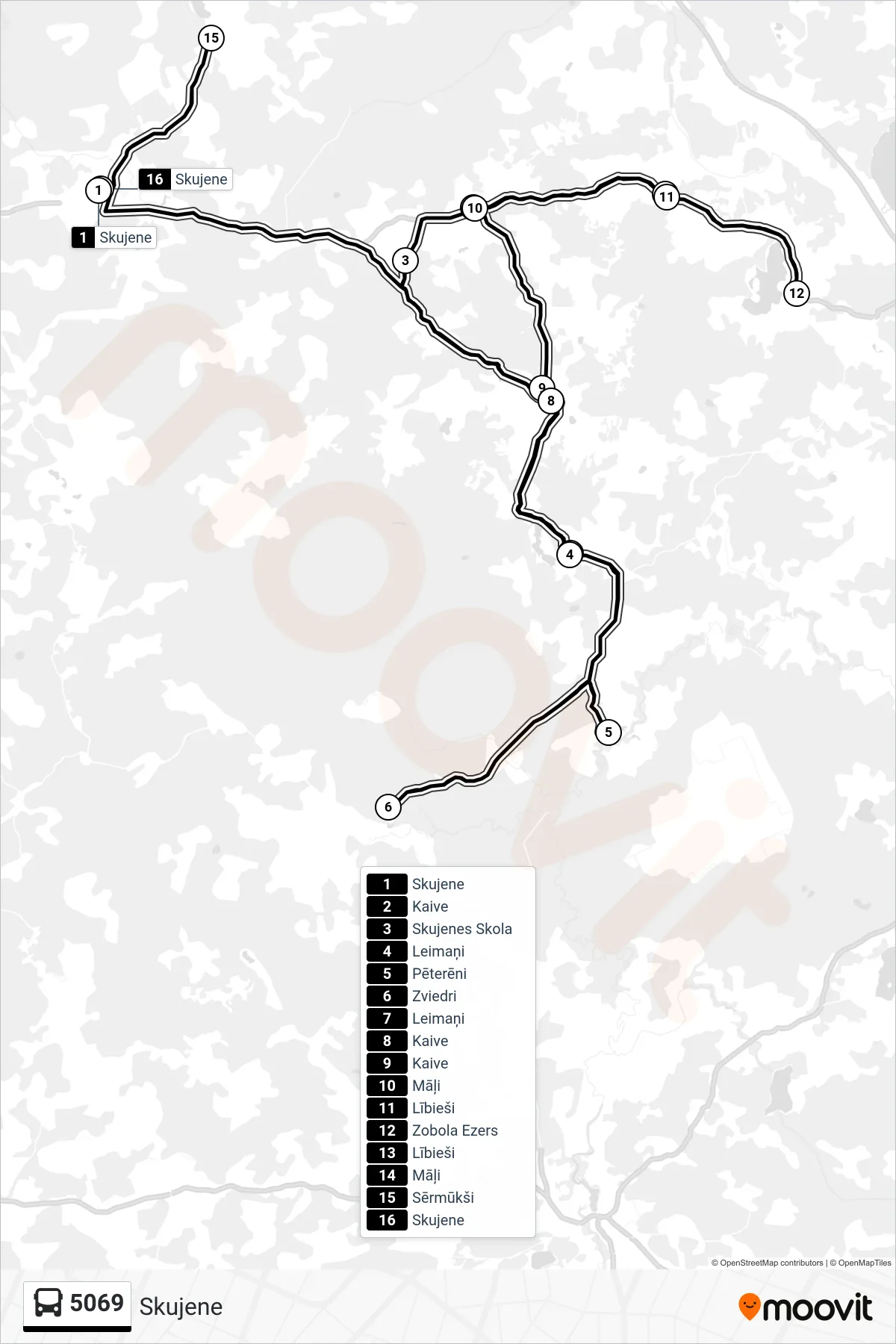 5069 bus Line (Skujene) route and stops on a map