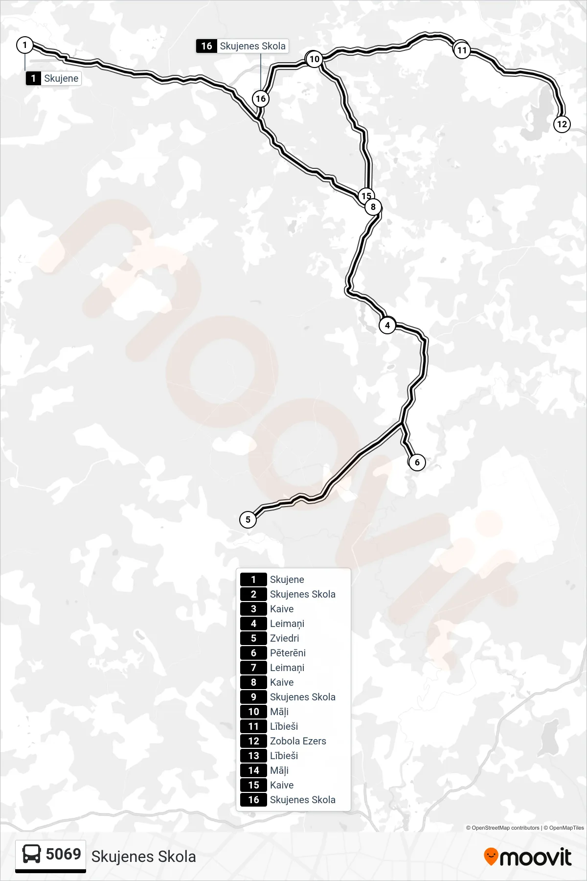 5069 bus Line (Skujenes Skola) route and stops on a map