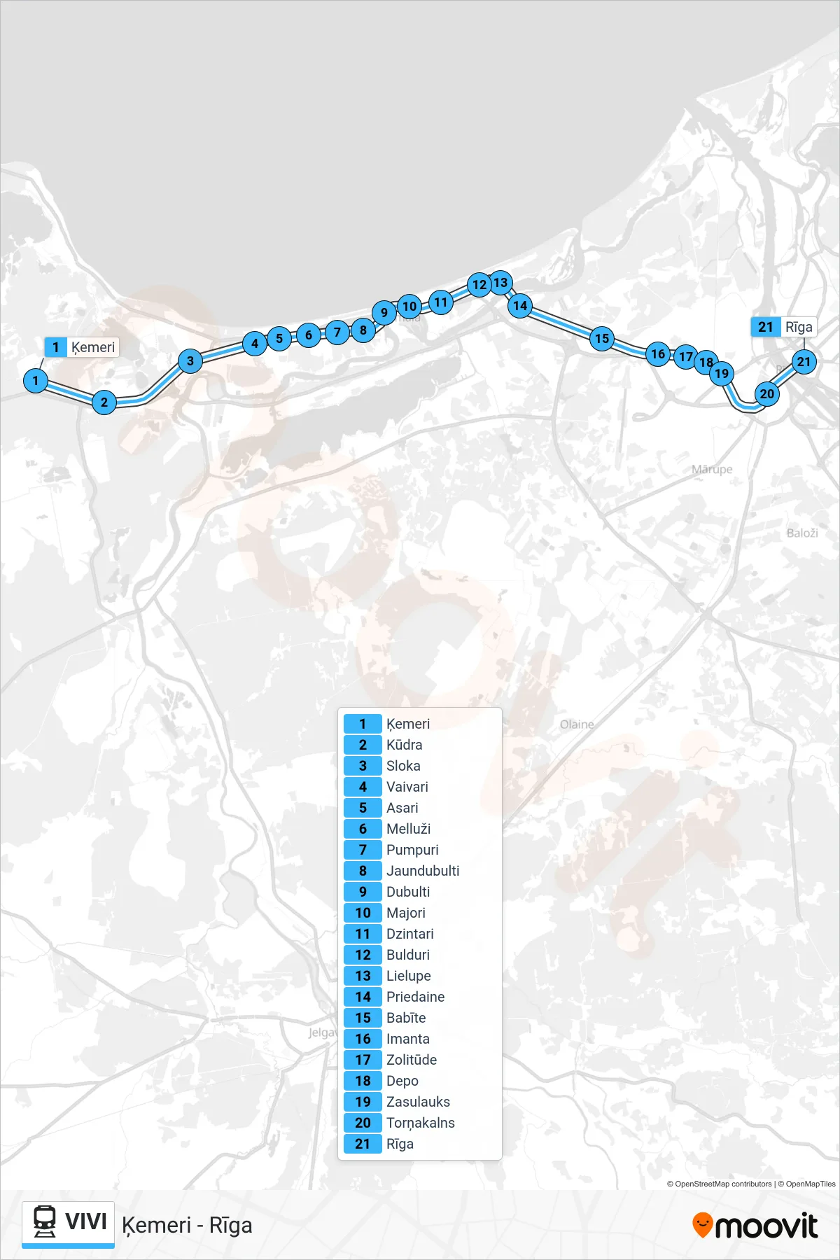 VIVI rail Line (Ķemeri - Rīga) route and stops on a map
