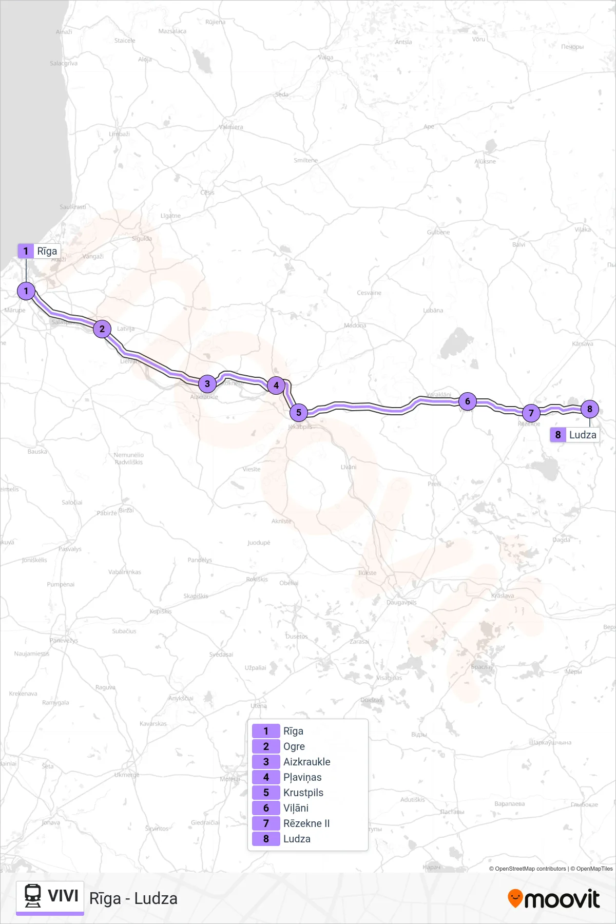 VIVI train Line (Rīga - Ludza) route and stops on a map