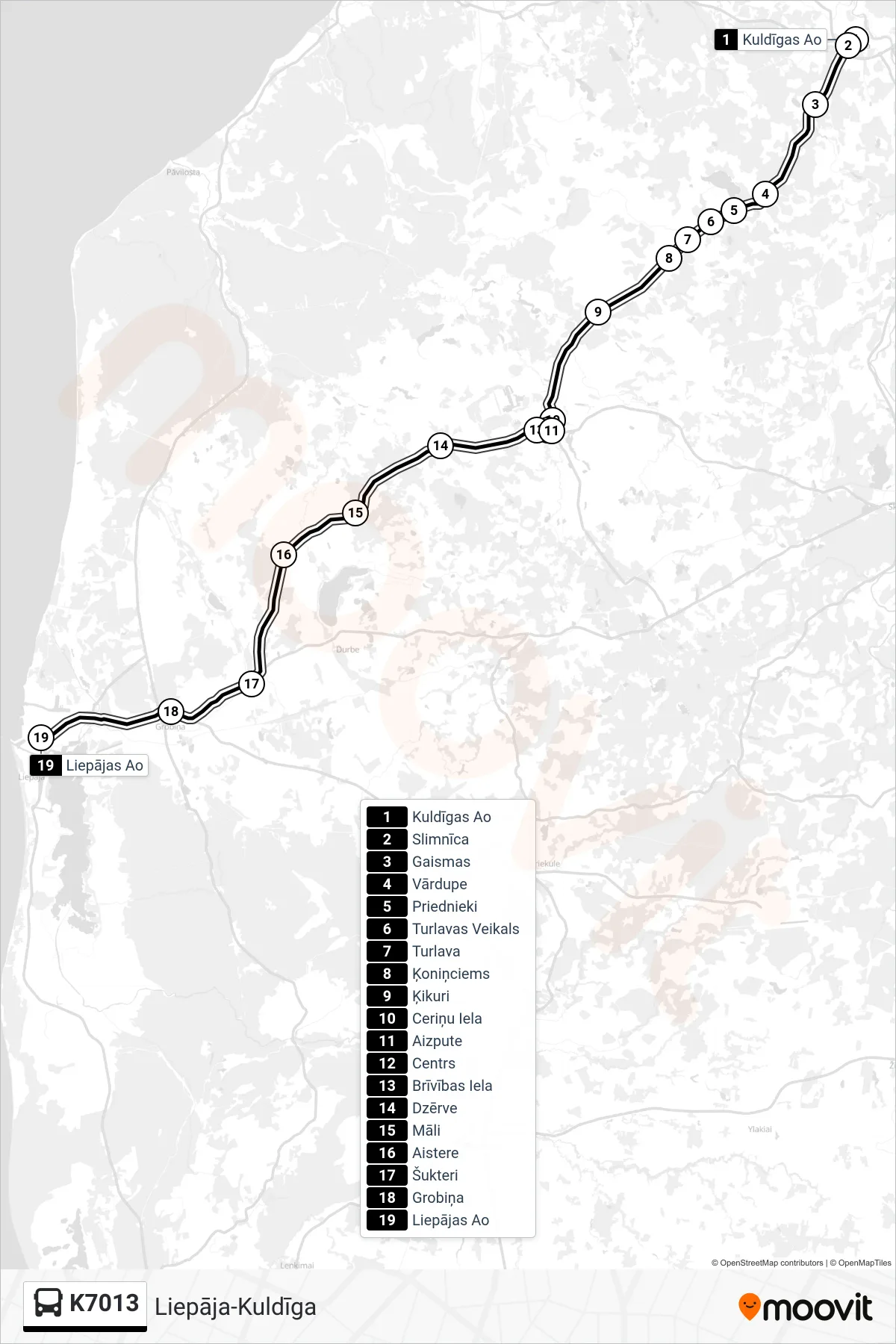 K7013 bus Line (Liepājas Ao) route and stops on a map