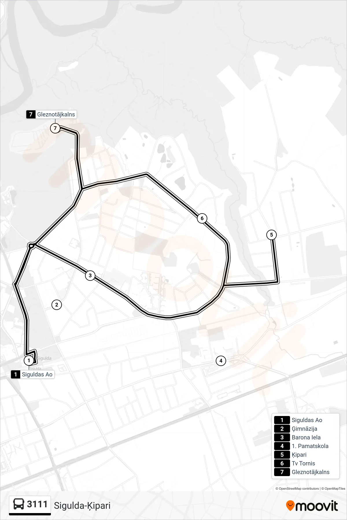 3111 bus Line (Siguldas Ao) route and stops on a map