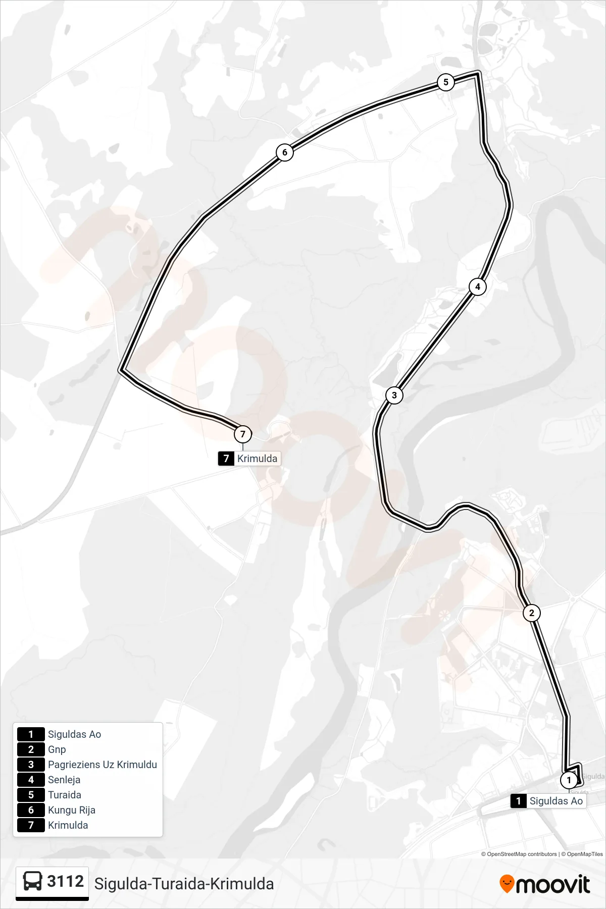 3112 bus Line (Krimulda) route and stops on a map