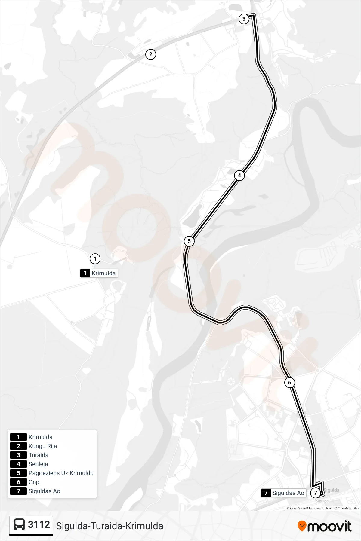 3112 bus Line (Siguldas Ao) route and stops on a map