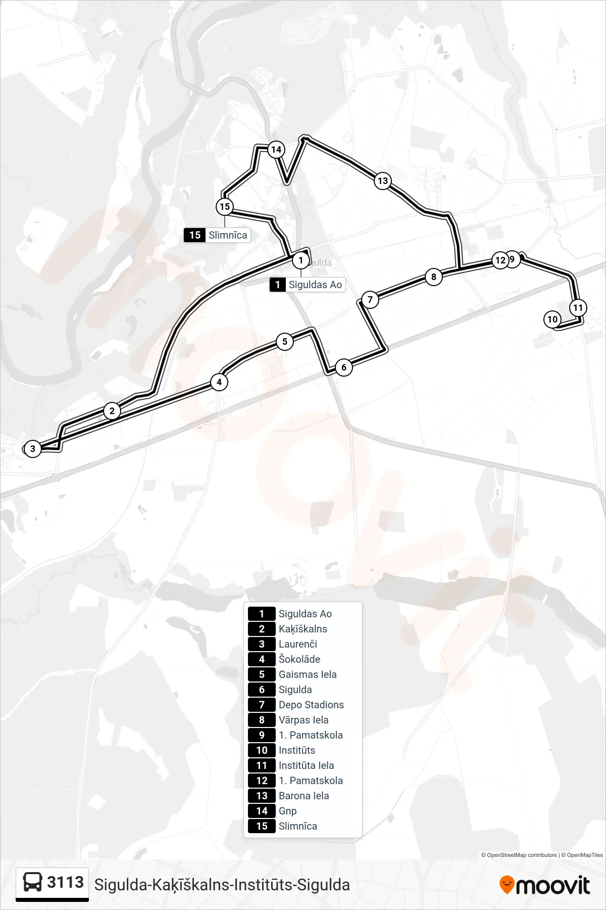 3113 bus Line (Siguldas Ao) route and stops on a map