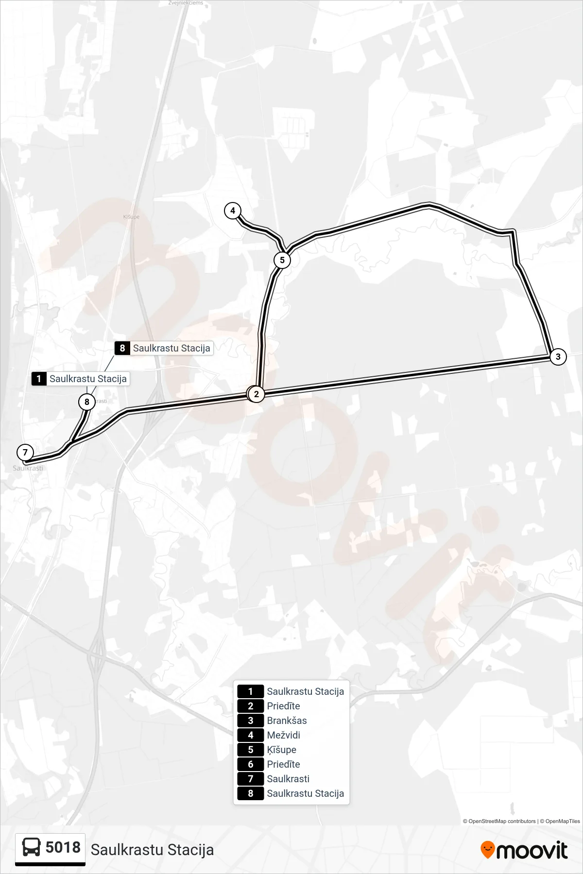 5018 bus Line (Saulkrastu Stacija) route and stops on a map