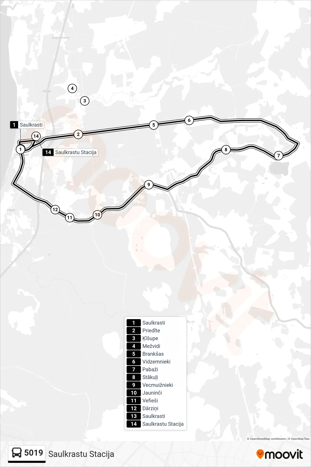 5019 bus Line (Saulkrastu Stacija) route and stops on a map
