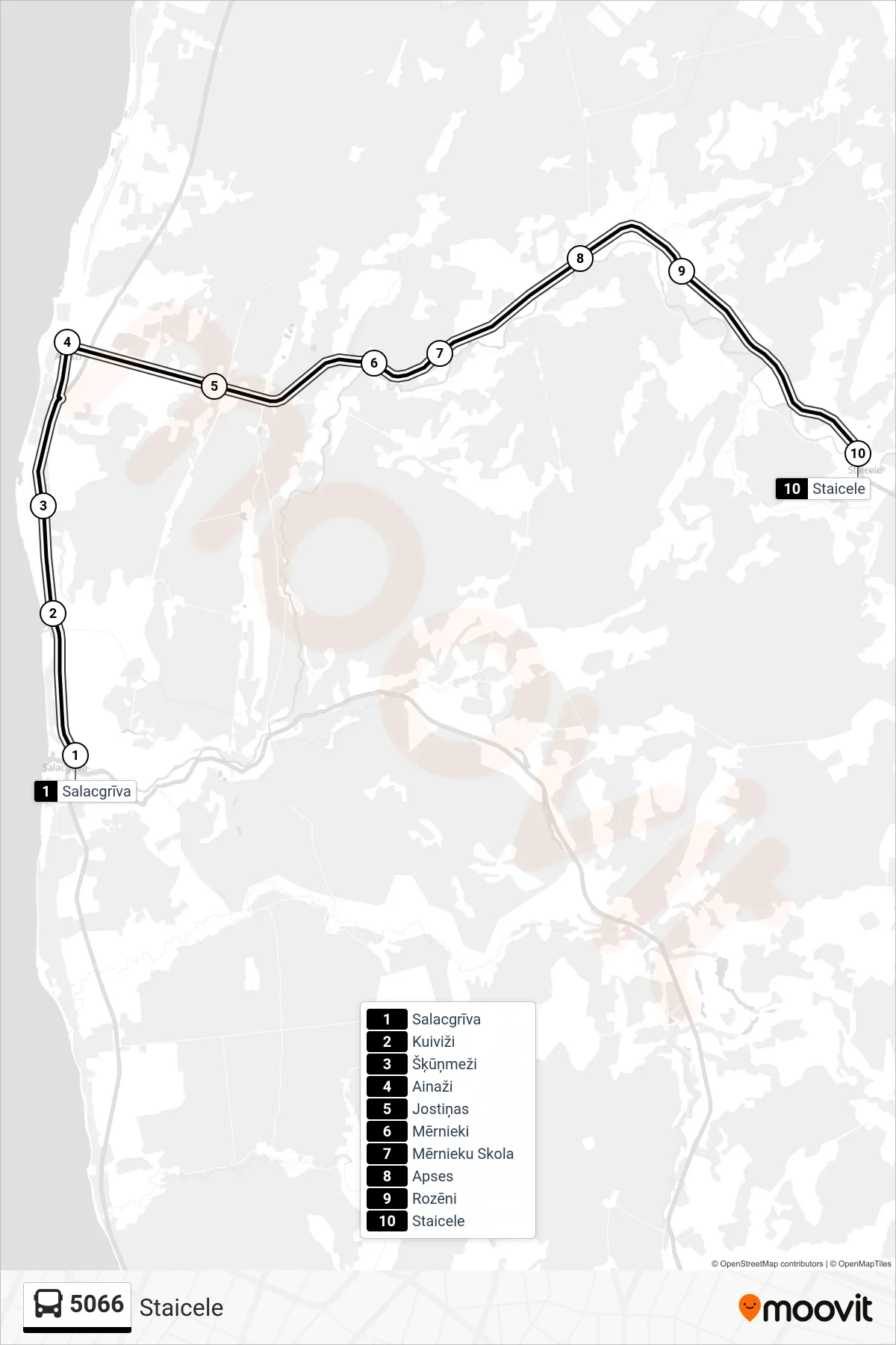 5066 bus Line (Staicele) route and stops on a map