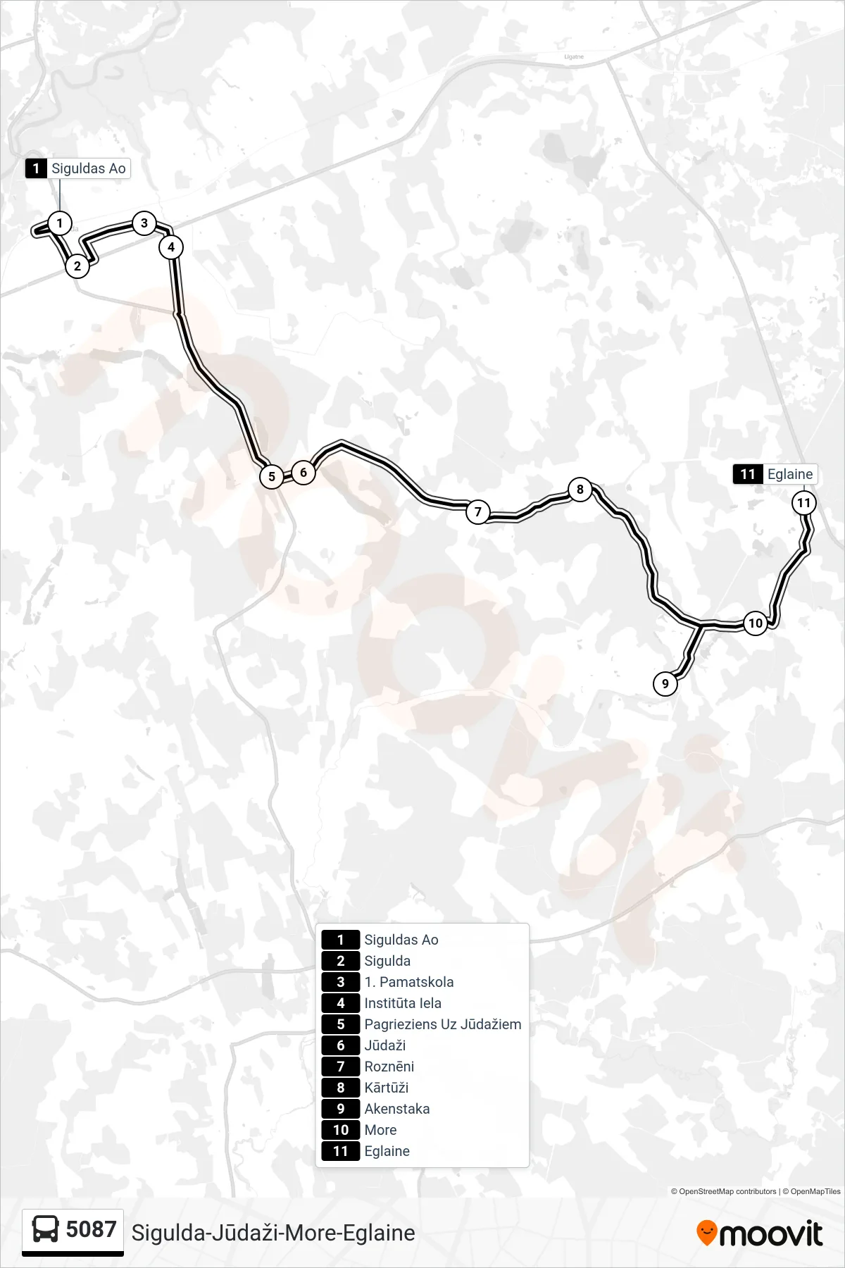 5087 bus Line (Eglaine) route and stops on a map