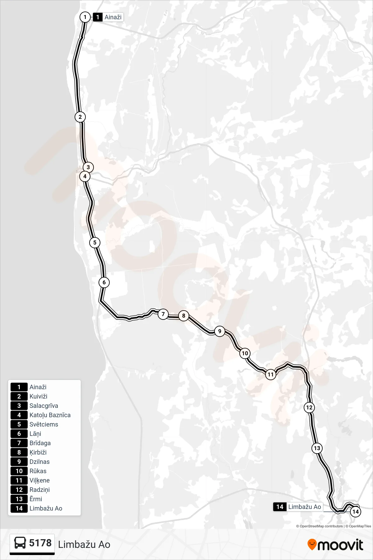 5178 bus Line (Limbažu Ao) route and stops on a map