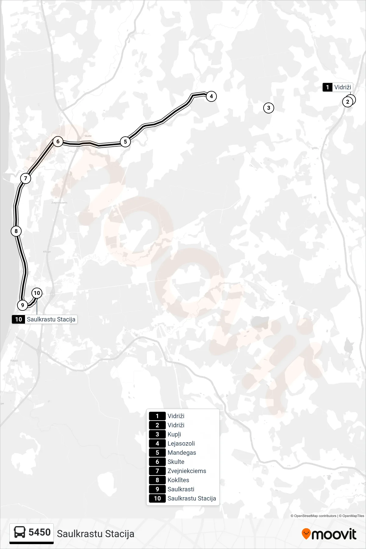 5450 bus Line (Saulkrastu Stacija) route and stops on a map