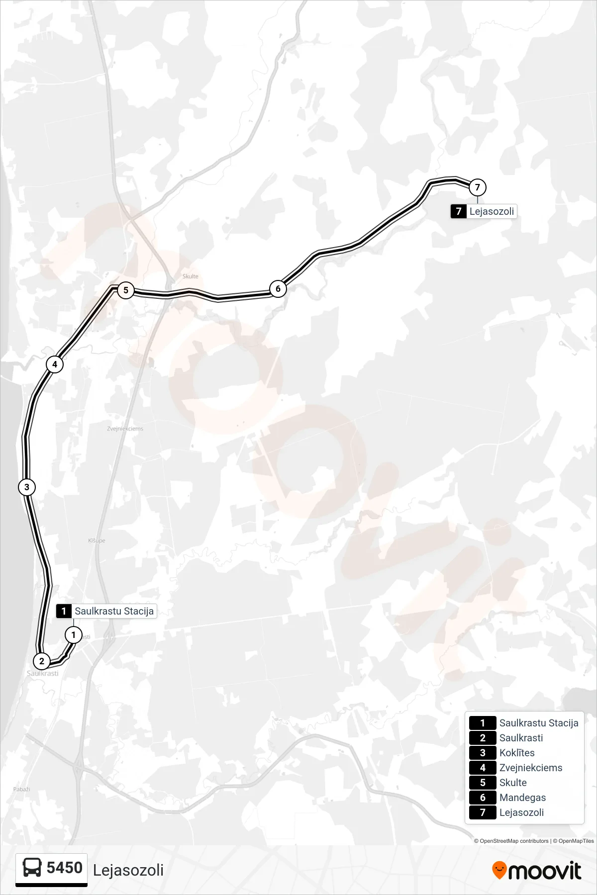 5450 bus Line (Lejasozoli) route and stops on a map