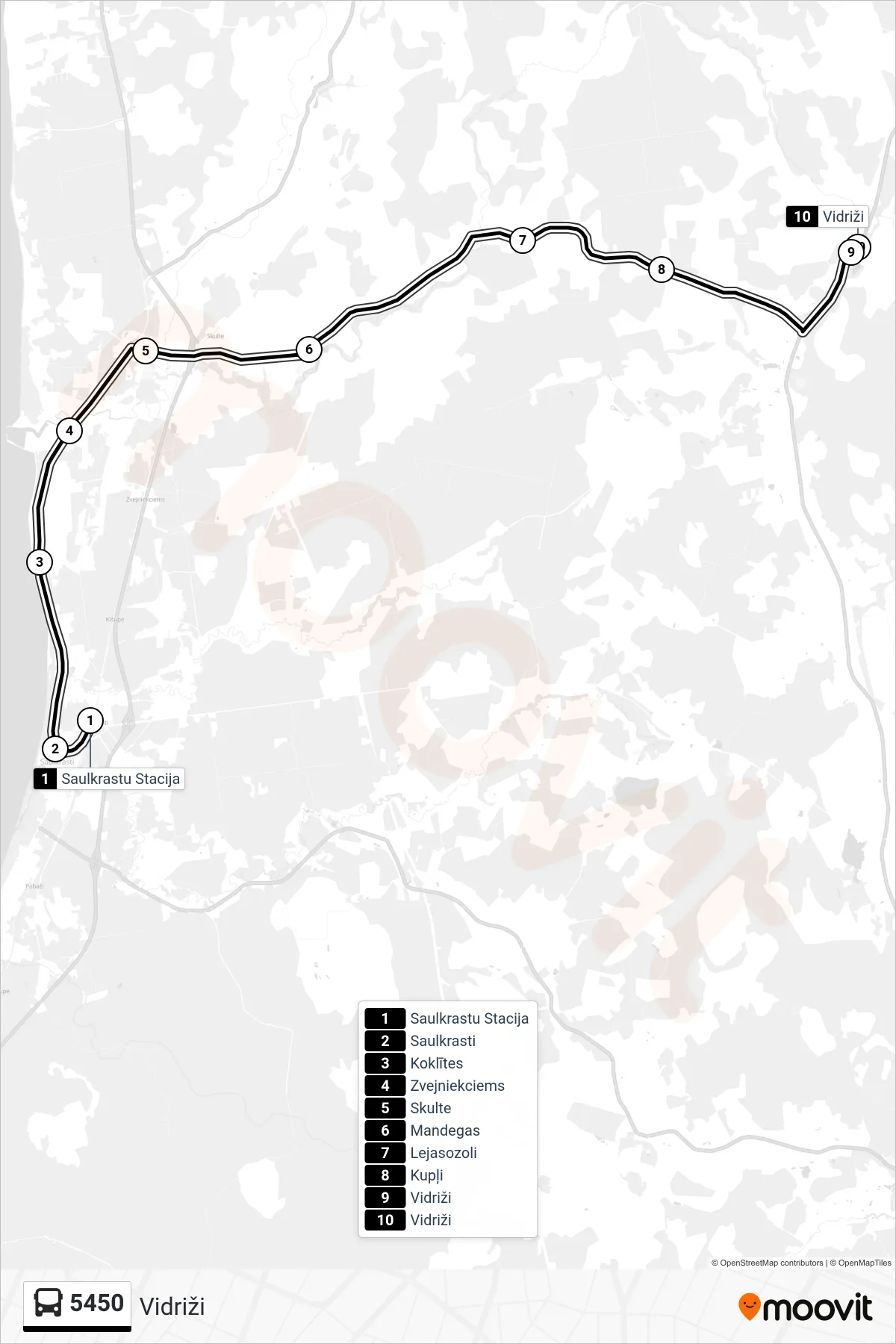5450 bus Line (Vidriži) route and stops on a map