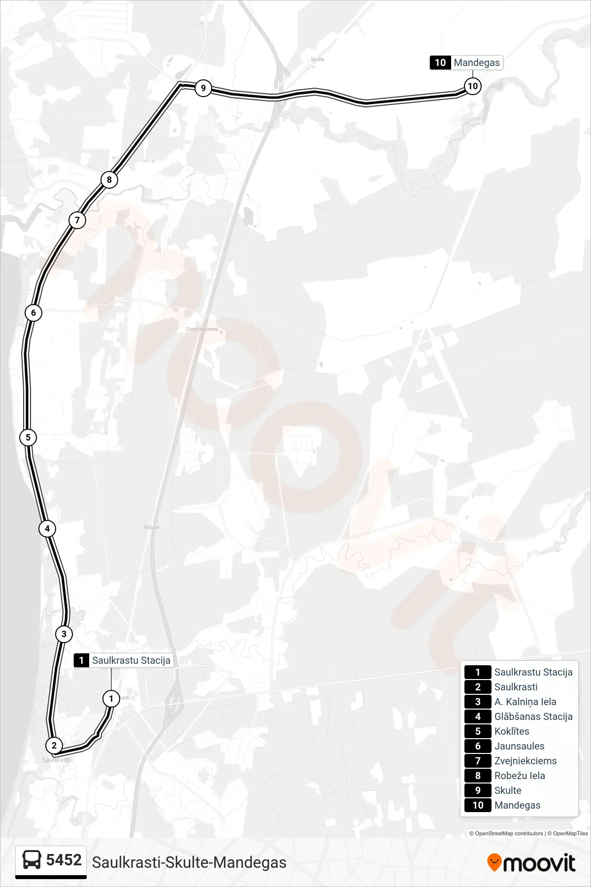 5452 bus Line (Mandegas) route and stops on a map