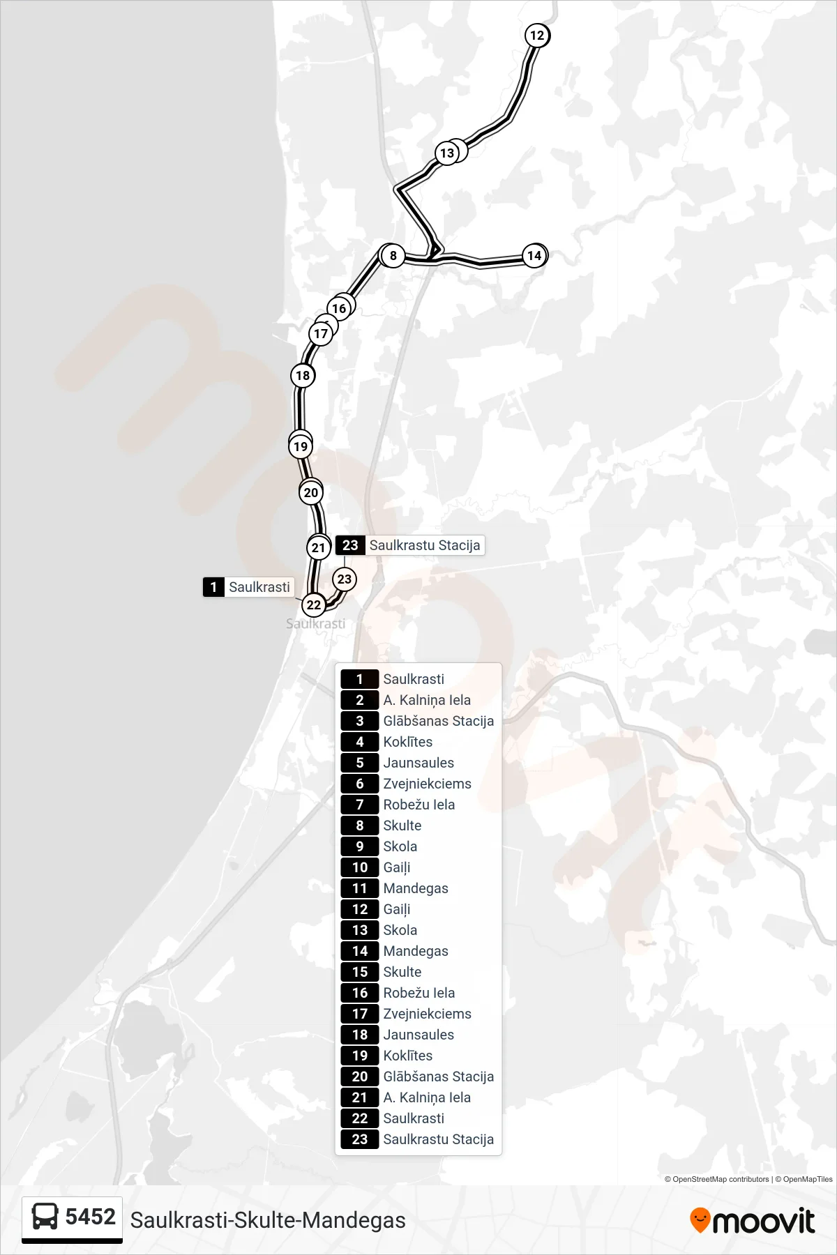 5452 bus Line (Saulkrastu Stacija) route and stops on a map