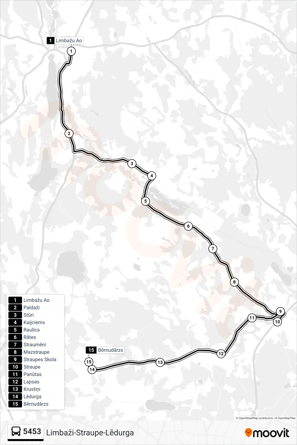 5453 bus Line (Bērnudārzs) route and stops on a map