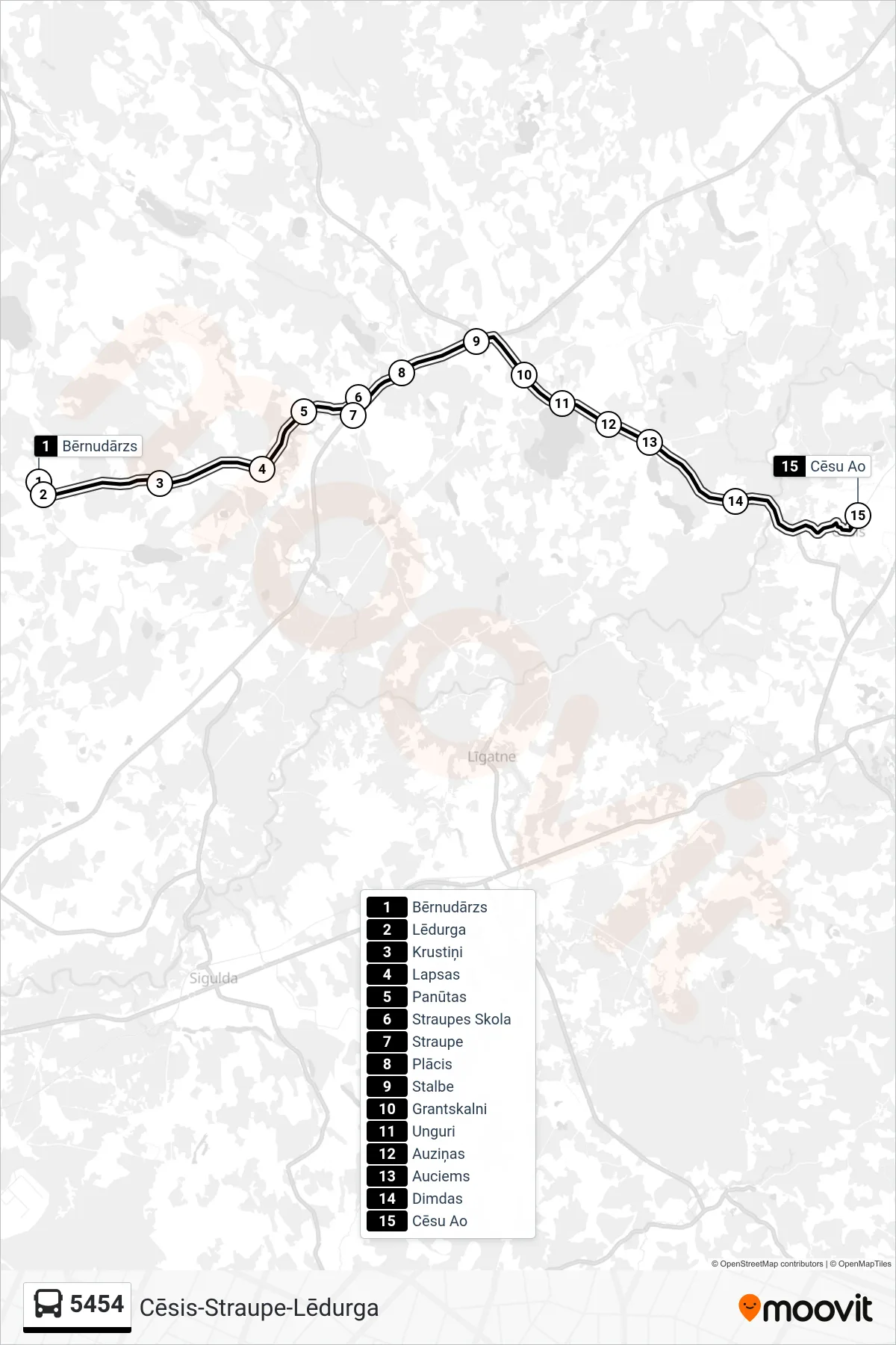 5454 bus Line (Cēsu Ao) route and stops on a map