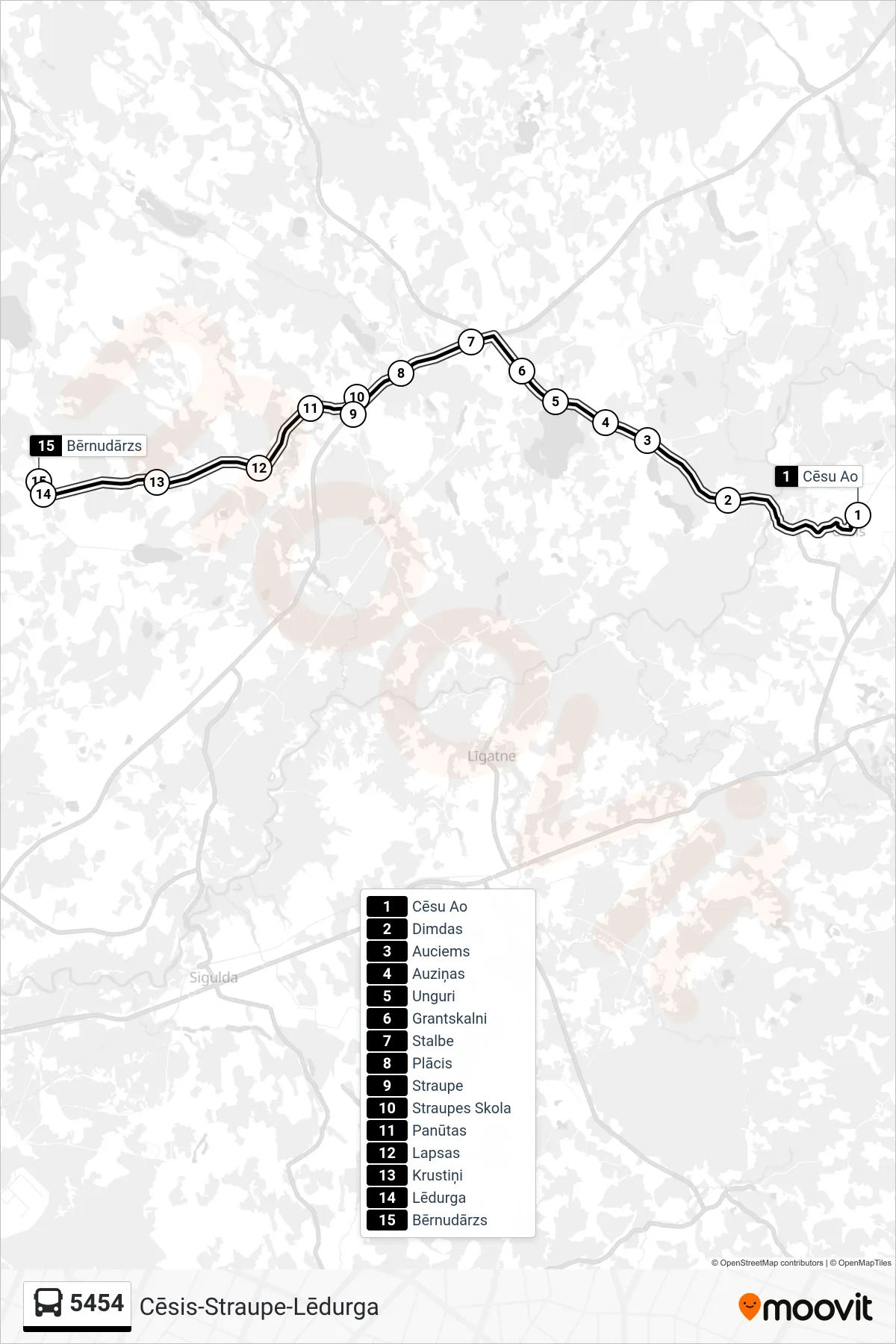 5454 bus Line (Bērnudārzs) route and stops on a map