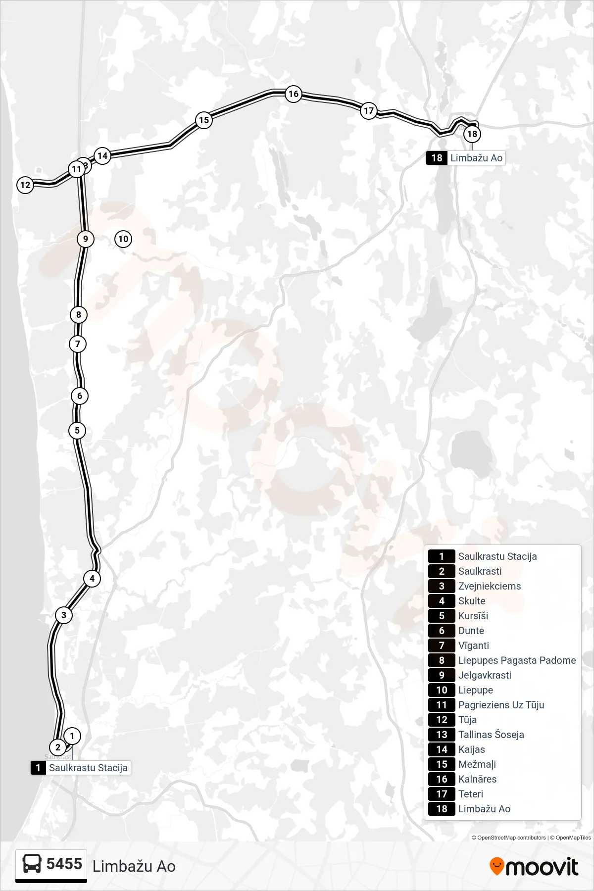5455 bus Line (Limbažu Ao) route and stops on a map
