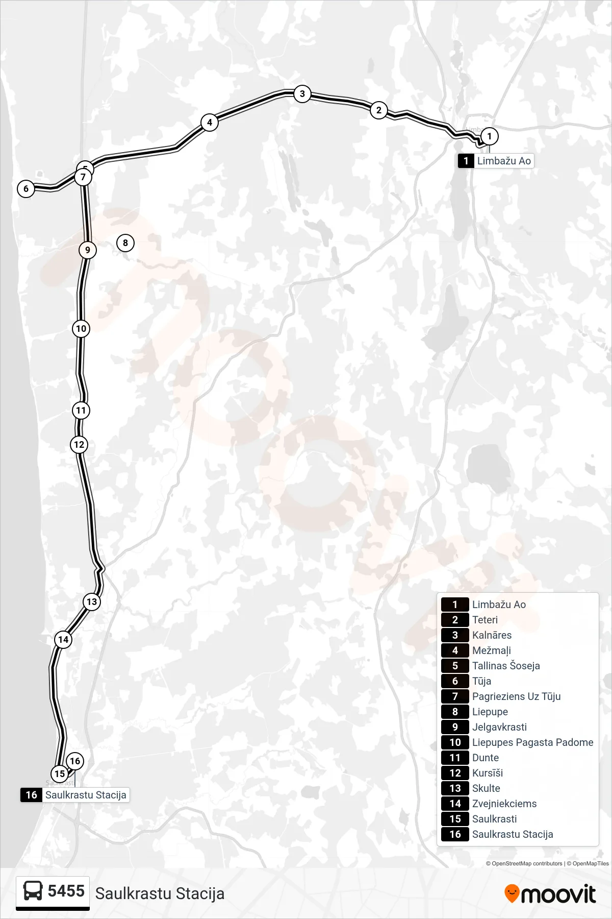 5455 bus Line (Saulkrastu Stacija) route and stops on a map
