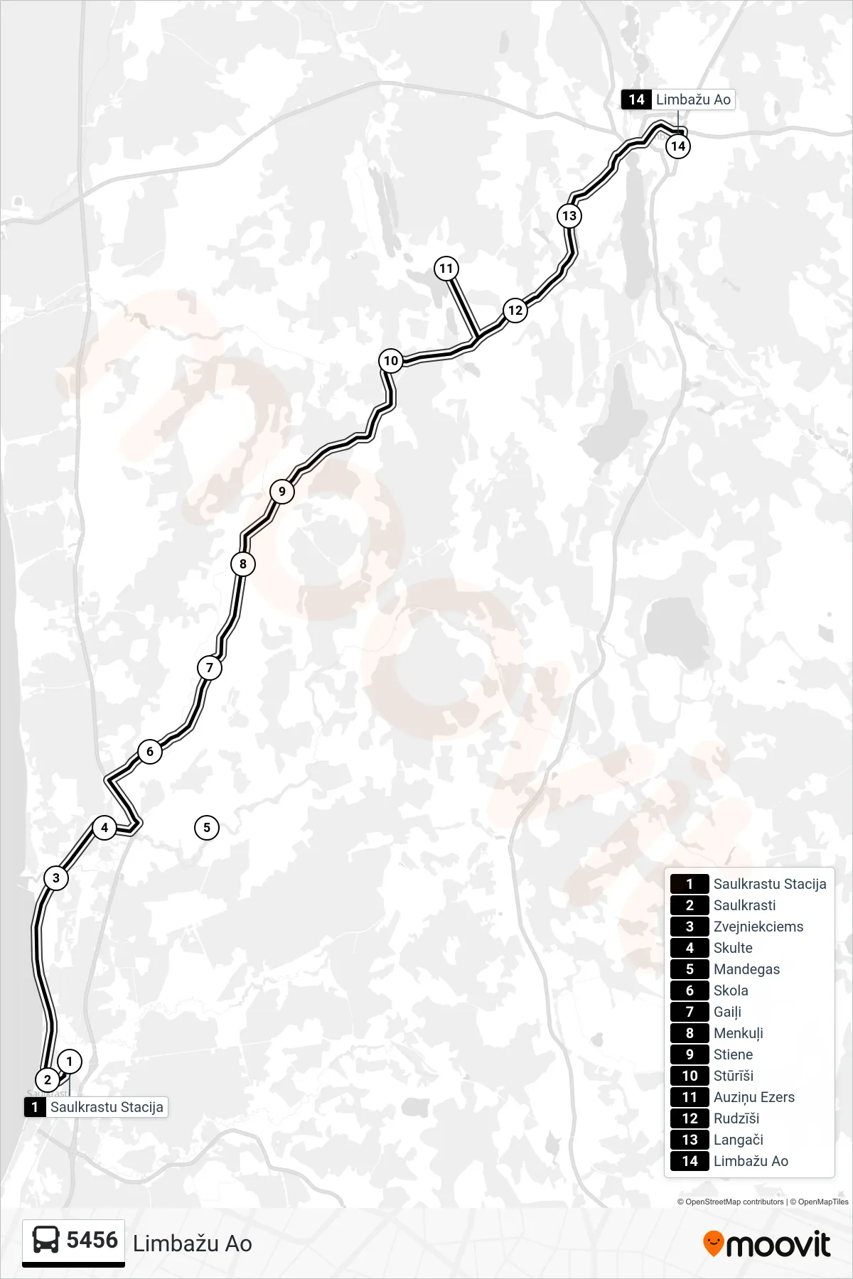 5456 bus Line (Limbažu Ao) route and stops on a map
