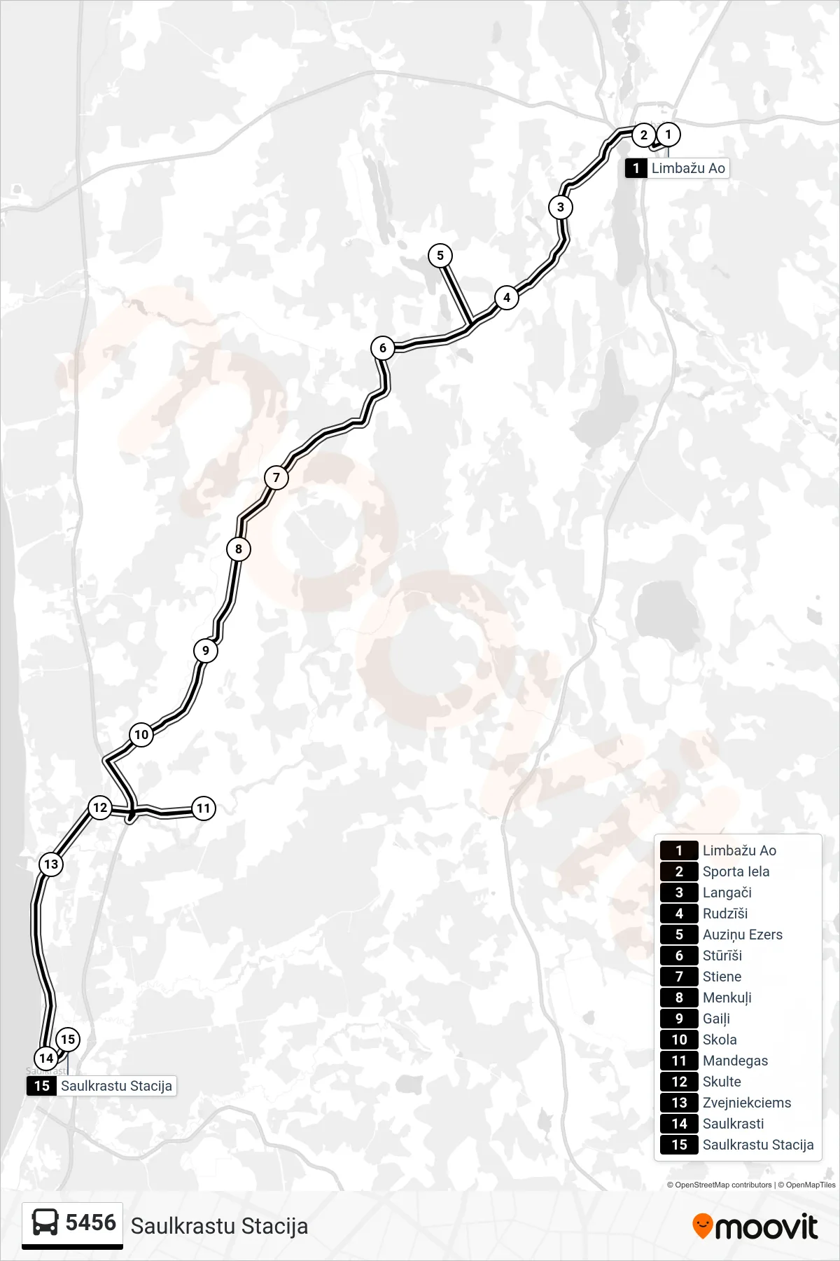 5456 bus Line (Saulkrastu Stacija) route and stops on a map
