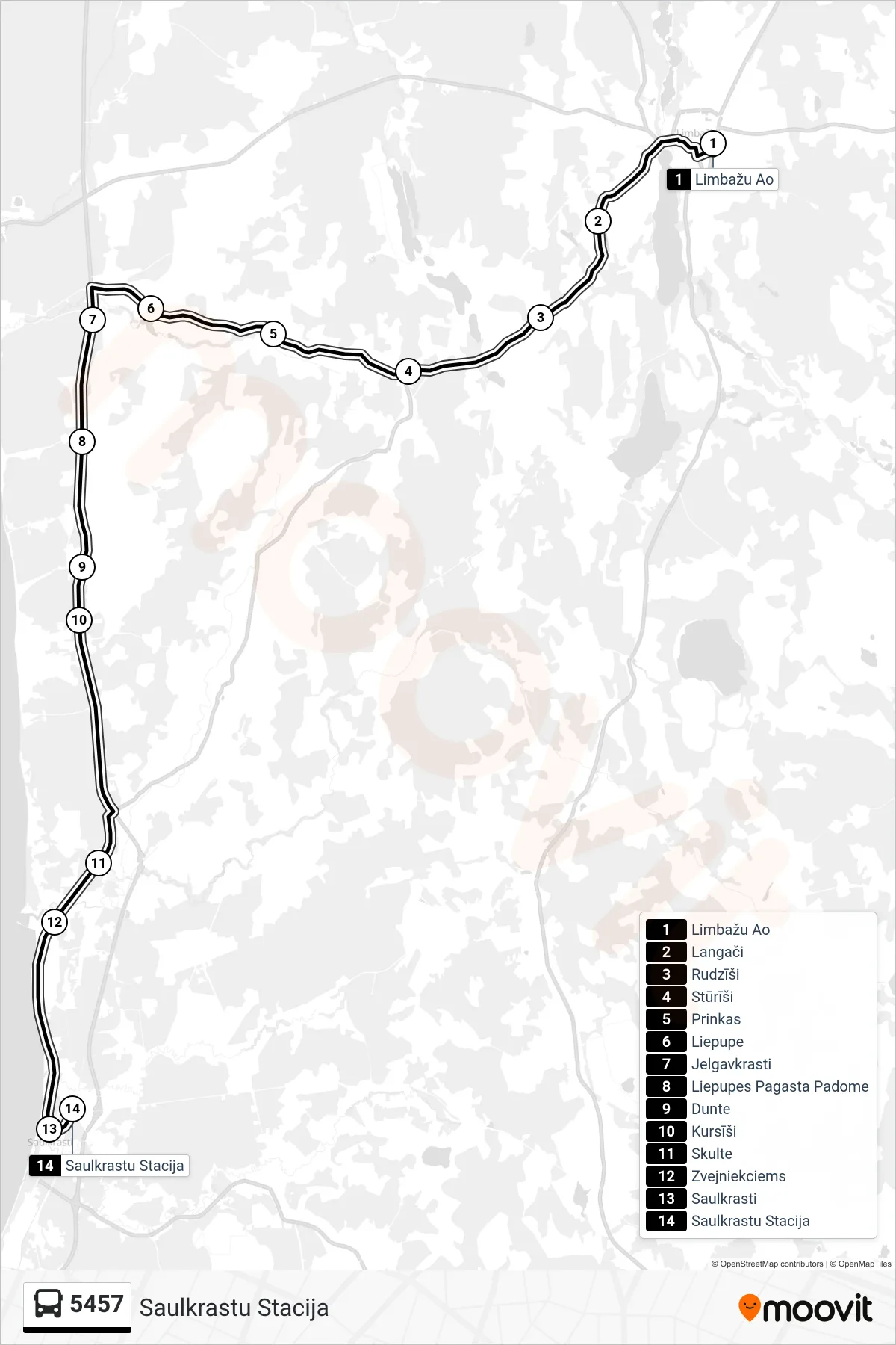 5457 bus Line (Saulkrastu Stacija) route and stops on a map