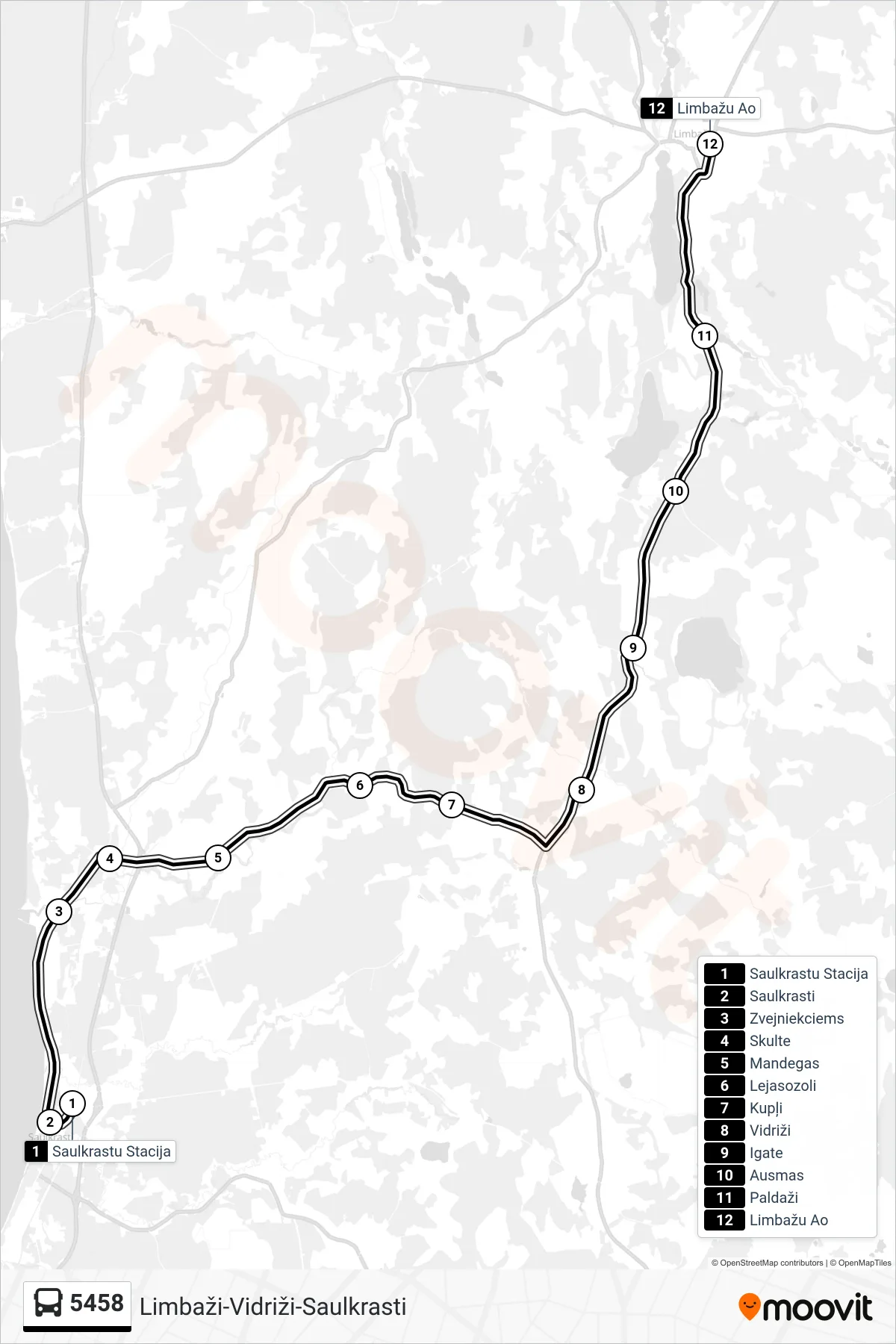5458 bus Line (Limbažu Ao) route and stops on a map