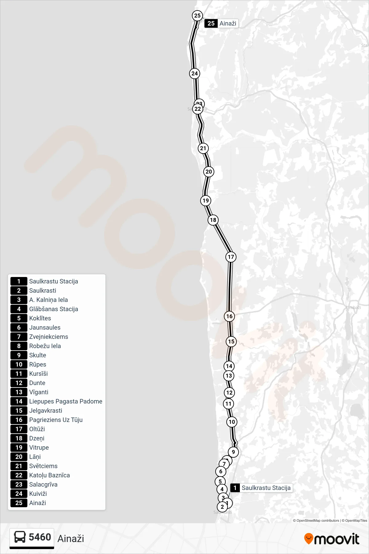 5460 bus Line (Ainaži) route and stops on a map