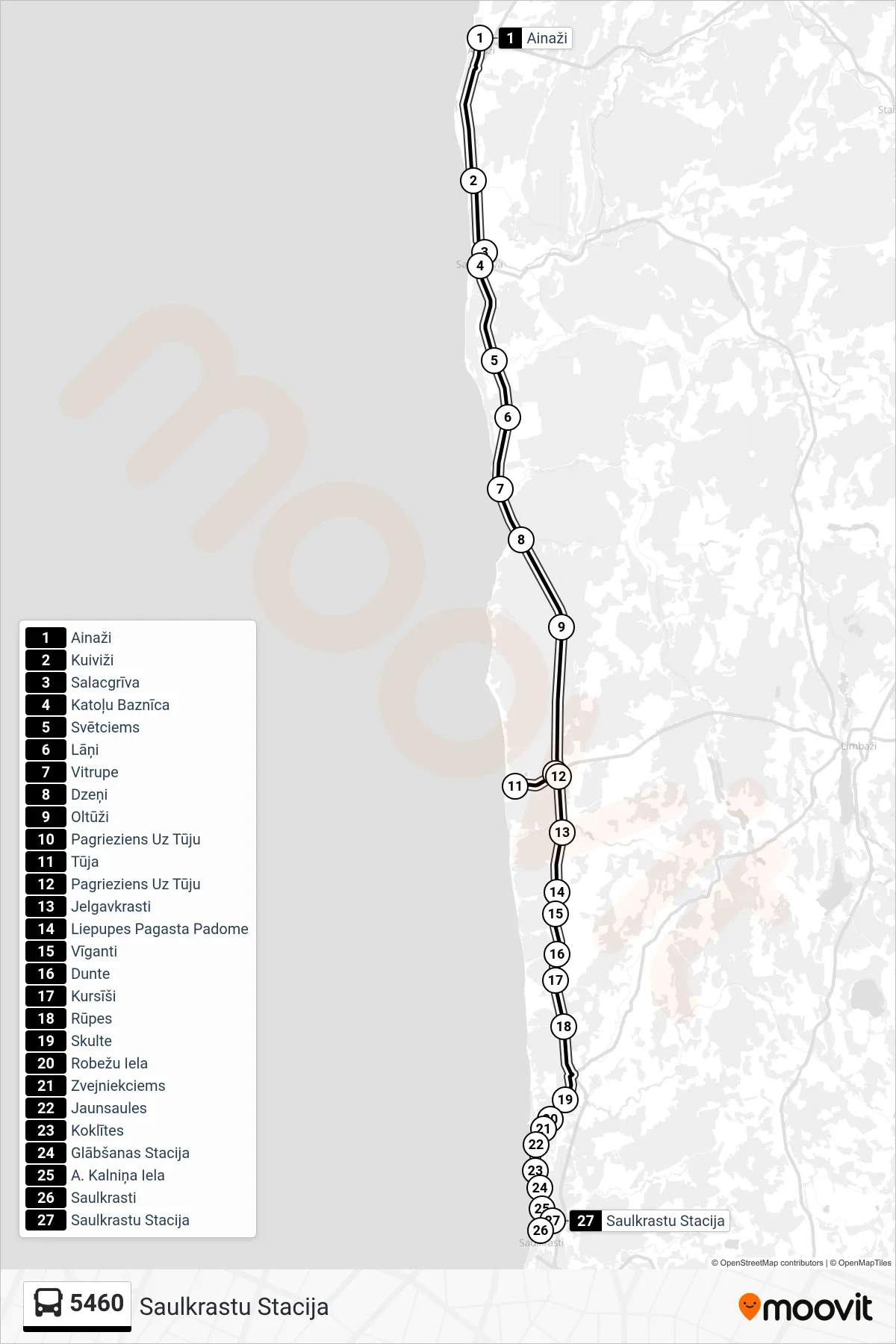 5460 bus Line (Saulkrastu Stacija) route and stops on a map