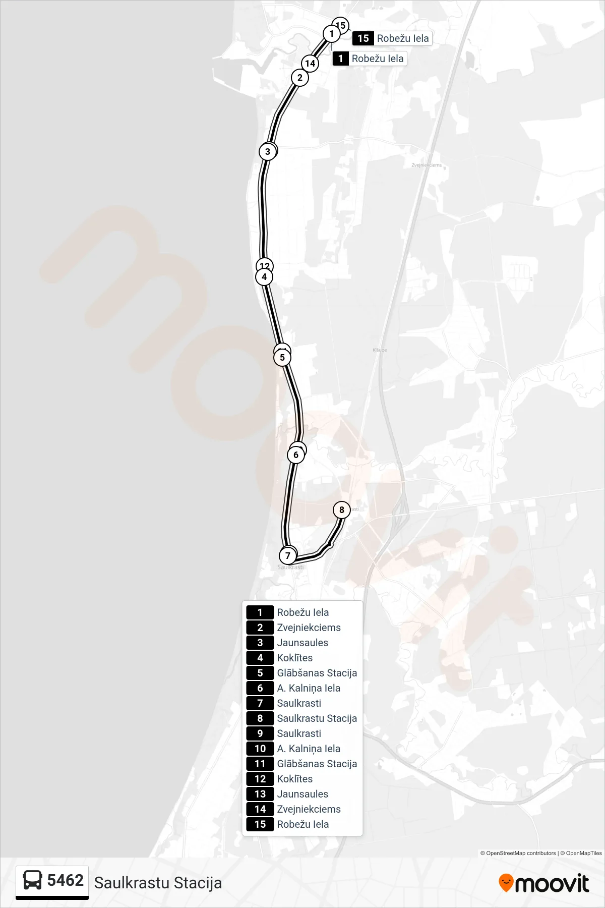 5462 bus Line (Saulkrastu Stacija) route and stops on a map