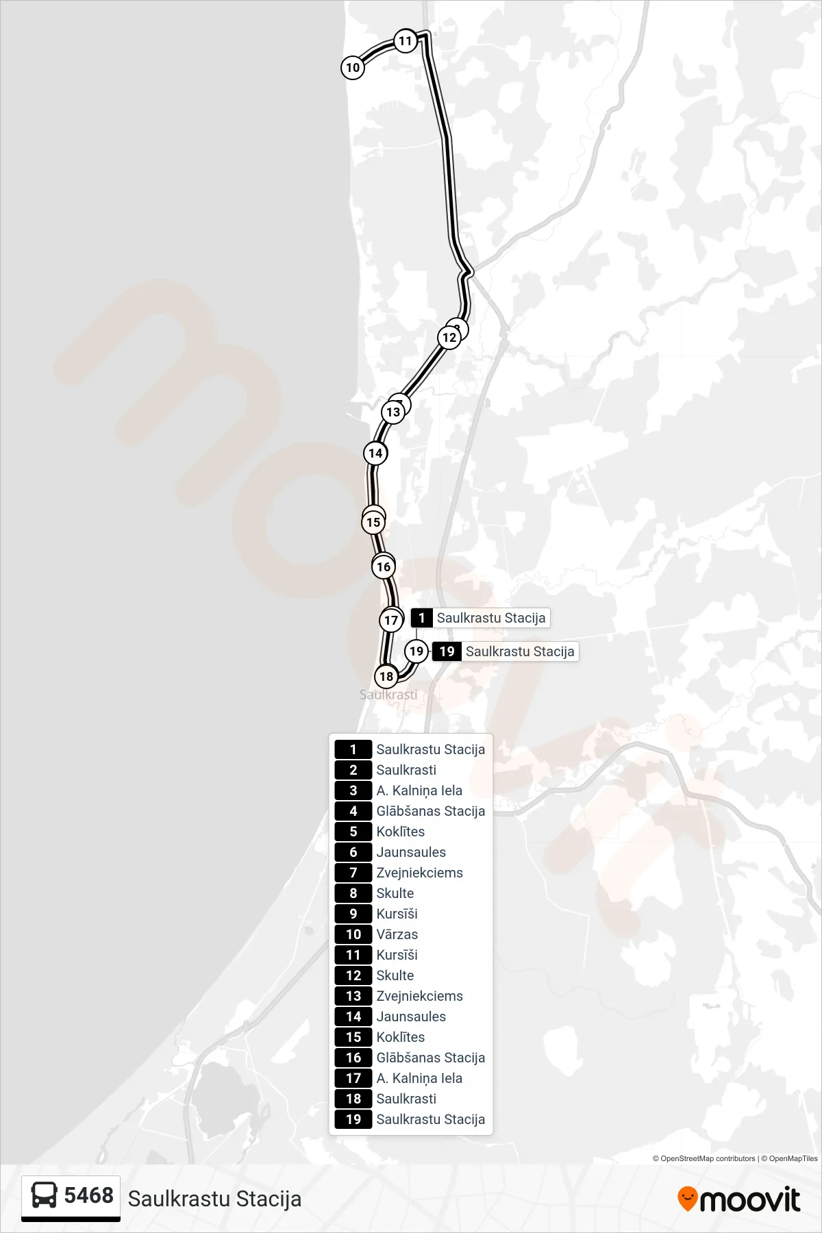 5468 bus Line (Saulkrastu Stacija) route and stops on a map