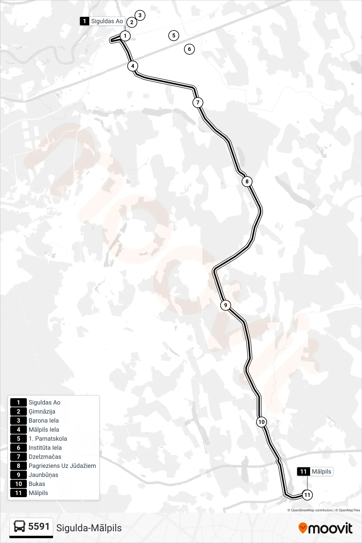 5591 bus Line (Mālpils) route and stops on a map