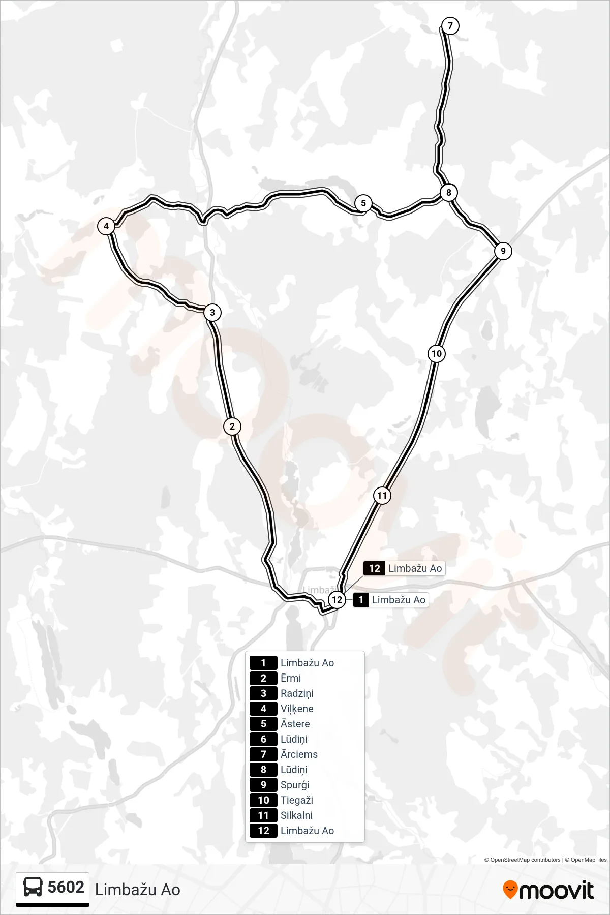 5602 bus Line (Limbažu Ao) route and stops on a map