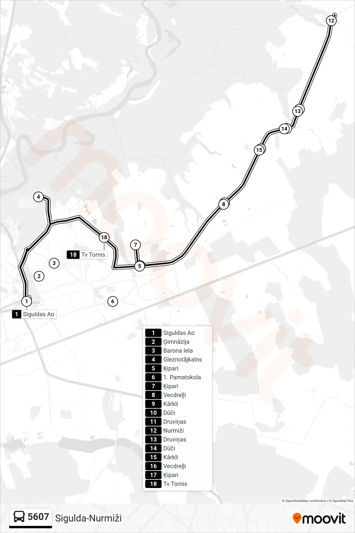 5607 bus Line (Siguldas Ao) route and stops on a map