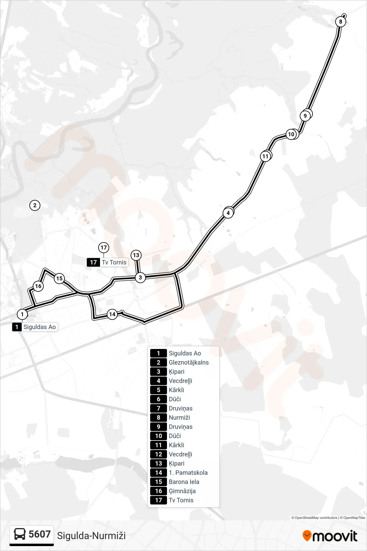 5607 bus Line (Siguldas Ao) route and stops on a map